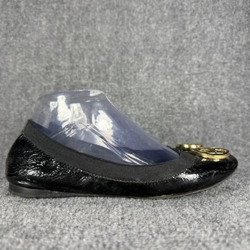 Tory Burch Caroline Ballet Flats Womens 7 Black Patent Leather Gold Medallion